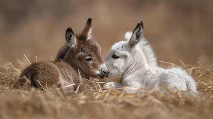   A baby goat lies next to an adult goat in a field of dry grass Dry grass blankets the foreground