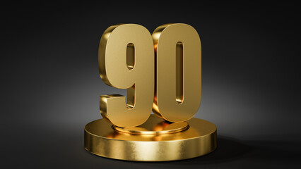 The number 90 on a pedestal / podium in golden color in front of dark background with spot light.