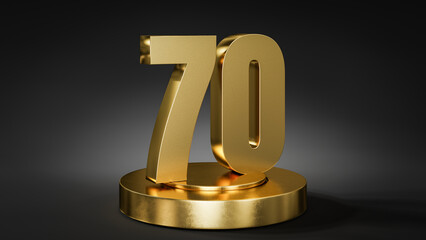 The number 70 on a pedestal / podium in golden color in front of dark background with spot light.