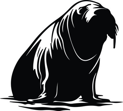 black walrus silhouette sitting on white clip art preview