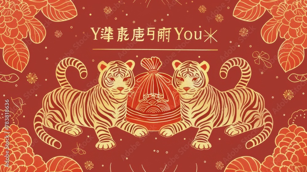 Poster Outline illustration of a filled lucky bag placed between two lying tigers, wishing you a good New Year in Chinese. - Posters