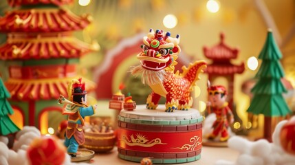 Fototapeta na wymiar Objects related to the Chinese CNY temple fair. Miniature young men performing dragon and lion dances on large drums.