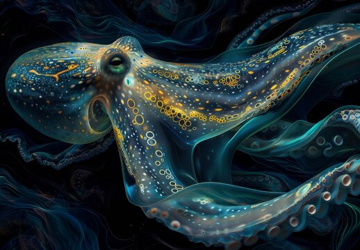 Imaginative portraits of marine predators like sharks, octopuses, or eels, portrayed in shadowy depths with bioluminescent accents and swirling, surreal patterns, reminiscent of creatures from the dep