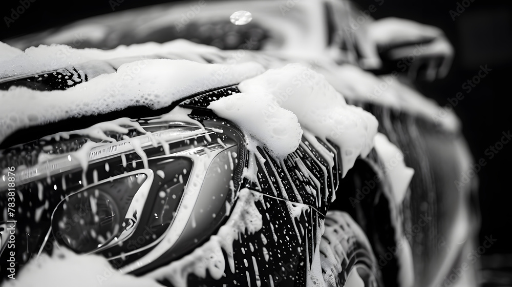 Wall mural Close-up of car covered in soap foam washing in black background, Car wash service advertising concept.