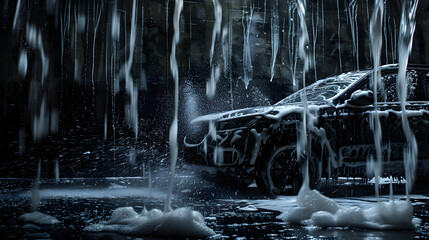 Black car in foam stands at the car wash.