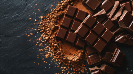 Chocolate bars and cocoa powder black background - obrazy, fototapety, plakaty