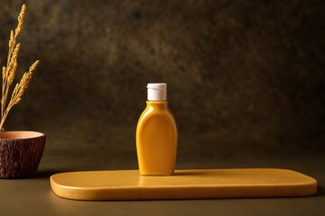 Product packaging mockup photo of Squeeze bottle of mustard, studio advertising photoshoot