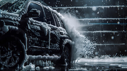 Close-up of car covered in soap foam washing in black background, Car wash service advertising concept. - obrazy, fototapety, plakaty