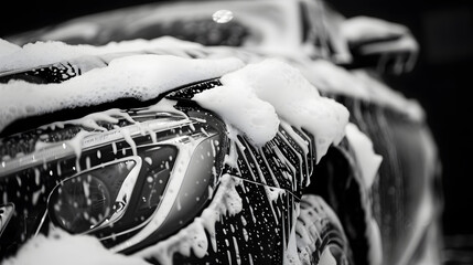 Close-up of car covered in soap foam washing in black background, Car wash service advertising concept.