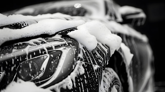 Close-up of car covered in soap foam washing in black background, Car wash service advertising concept.