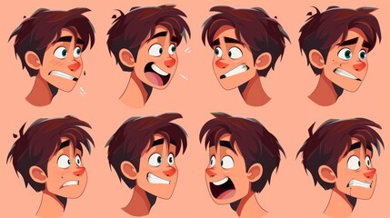 An animated man's face with different emotions. The young guy is neutral looking, laughing and angry, embarrassed and surprised, winking his eye. - obrazy, fototapety, plakaty