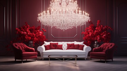 Crystal chandeliers casting a soft glow over the luxurious white sofa, elevating its presence against the stunning backdrop of the 3D ruby wall. - obrazy, fototapety, plakaty