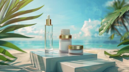 An ad for skin repairing cream and lotion in 3D, with frosted glass dividers and plant leaves on a sunny beach backdrop.