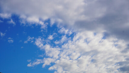 Blue sky with dense white clouds on a sunny day for abstract background and template                            