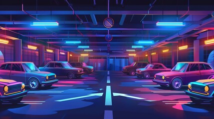 Retro cars parked at underground parking. Modern cartoon illustration of dark basement at night, many cars illuminated with lamps, crossing sign on ground, arrows drawn on road. - obrazy, fototapety, plakaty
