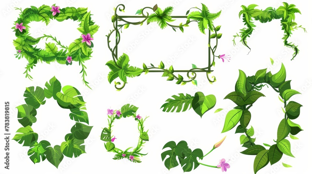 Poster in this set of borders made of rainforest branch branches with tropical greenery, jungle liana spraw