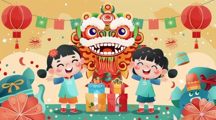 Chinese new year shopping festival illustration. Cute kids in lion dance costumes with pile of Chinese new year shopping presents and snacks. Text: Chinese new year shopping festival. Spring.