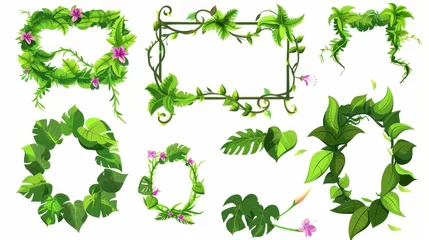 Foto op Canvas In this set of borders made of rainforest branch branches with tropical greenery, jungle liana sprawling vines have leaves and flowers arranged in rectangle and circle frames for game user interface © Mark