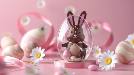 A 3D chocolate Easter bunny surrounded by transparent eggshell decorations on a light pink background along with ribbons, painted eggs, and daisies.