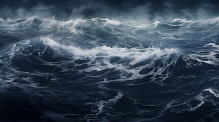 The restless ocean churns, its waters roiling under dark, brooding skies, a scene of primal energy and atmospheric intensity.
