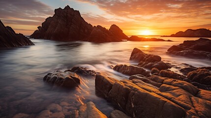 Coastal rocks are bathed in the warm, golden light of dawn, casting a serene glow over the tranquil seascape.
 - obrazy, fototapety, plakaty