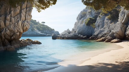 Obraz premium Coastal seclusion is found in hidden coves, accessible solely by sea, offering serene retreats away from the bustling shores. 