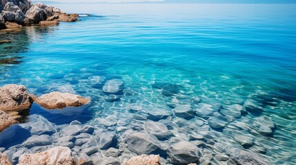 Coastal rocks surrounded by serene, calm blue ocean waters, creating a peaceful and tranquil scene along the picturesque shoreline.
