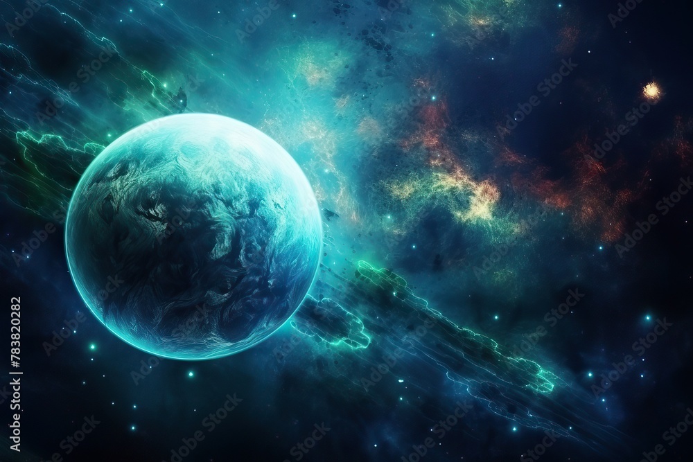 Poster a planet dominates the foreground of a space scene, with a galaxy shimmering in the background. gene