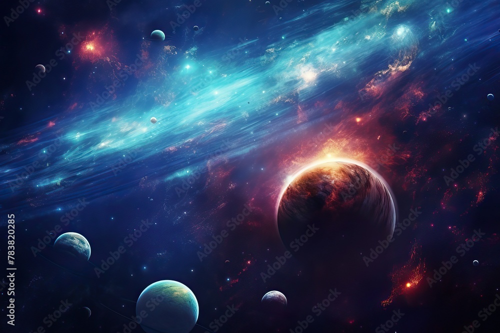 Poster planets orbiting in a galaxy filled with shining stars, creating a mesmerizing space scene. generati
