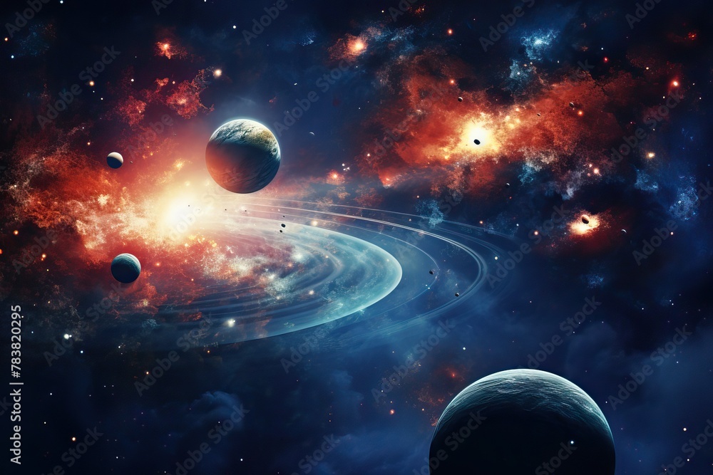 Poster an artists representation of a solar system featuring various planets against a backdrop of stars an