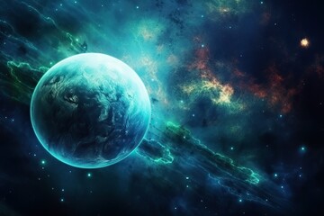 A planet dominates the foreground of a space scene, with a galaxy shimmering in the background. Generative AI