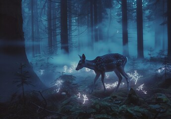 Photographs of forest-dwelling animals like deer, bears, or foxes, enveloped in an atmosphere of mist and shadow, with surreal elements like glowing mushrooms or spectral wisps, creating an eerie yet 