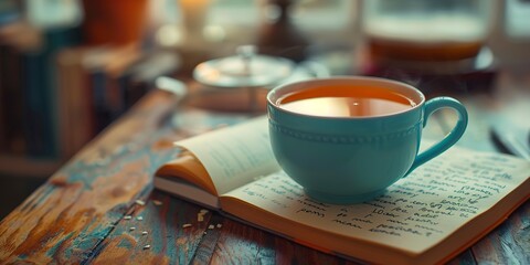 Close-up on a cup of tea beside a to-do list, calming colors, gentle focus 