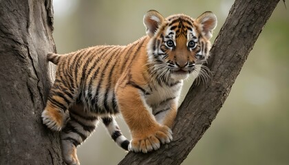 A Tiger Cub Climbing A Tree2