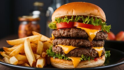 A mouthwatering close-up of a freshly prepared gourmet burger, stacked high with juicy beef patties, crisp lettuce, ripe tomatoes, and melted cheese, served with a side of golden fries - obrazy, fototapety, plakaty