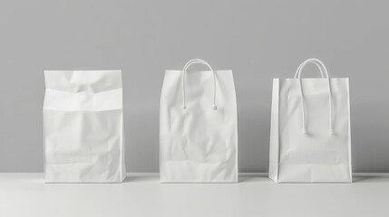 The mockup set features white paper bags and blank paper containers in 3D renderings on a grey background