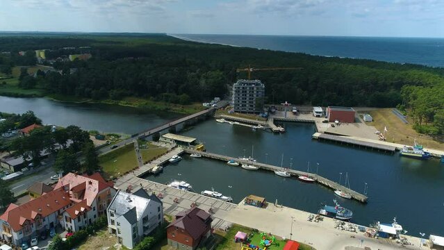 Port Bridge Over River Mrzezyno Most Rzeka Rega Aerial View Poland