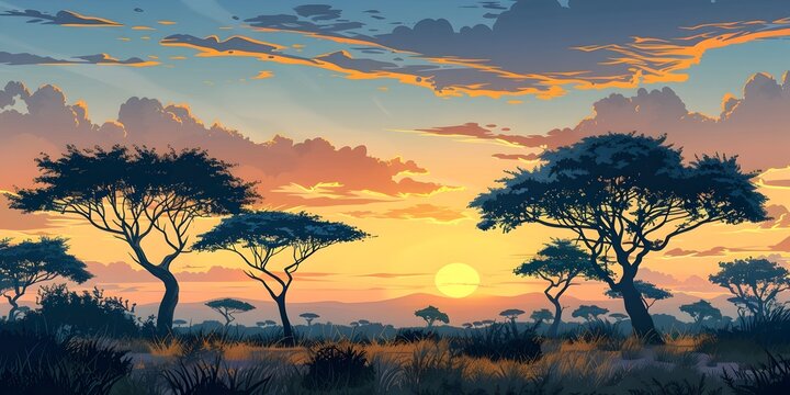 Majestic Acacia Silhouettes Framing the Breathtaking Savanna Sunrise in the Heart of the African Wilderness