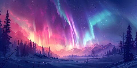 The Mystical Dance of the Northern Lights Over a Snowy Landscape Painting Like of Aurora Borealis Illuminating the Night Sky
