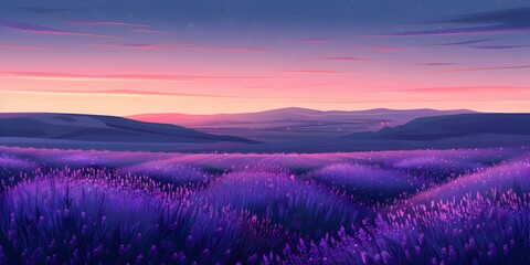 Mesmerizing Lavender Field Stretching Towards a Tranquil Horizon at Dusk