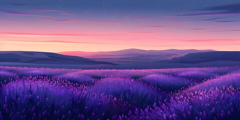 Mesmerizing Lavender Field Stretching Towards a Tranquil Horizon at Dusk