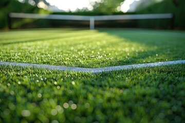 Close-up of freshly cut grass tennis court, tennis court at dawn, major tennis club tournament - obrazy, fototapety, plakaty