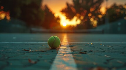 A solitary tennis ball on a hard court captures the essence of a serene sunset with golden hues in the background.