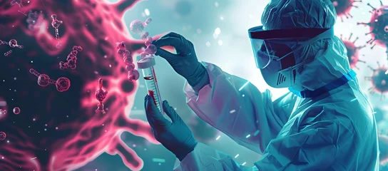 Fotobehang Scientist holding medical testing tubes or vials of medical pharmaceutical research with blood cells and virus cure using DNA genome sequencing biotechnology as wide banner for Ad © saichon