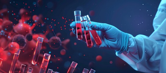 Scientist holding medical testing tubes or vials of medical pharmaceutical research with blood cells and virus cure using DNA genome sequencing biotechnology as wide banner for Ad