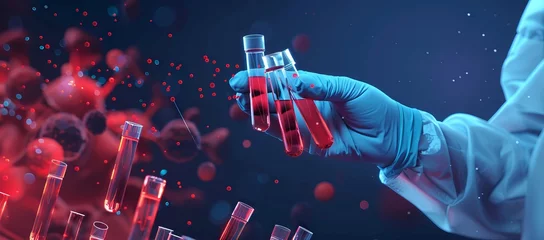Fotobehang Scientist holding medical testing tubes or vials of medical pharmaceutical research with blood cells and virus cure using DNA genome sequencing biotechnology as wide banner for Ad © saichon