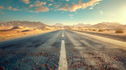A wide highway leads to a desert with sand dunes on the middle. - obrazy, fototapety, plakaty