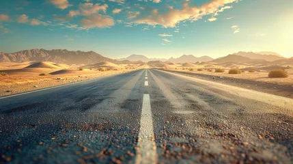 Foto op Canvas A wide highway leads to a desert with sand dunes on the middle. © Chaiwat