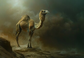 Surreal portraits of desert animals such as camels, scorpions, or vultures, set against a backdrop of vast, desolate landscapes bathed in twilight hues, with surreal elements like swirling sandstorms 
