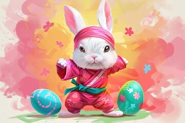 A rabbit wear pink ninja suit. easter egg. easter theme.